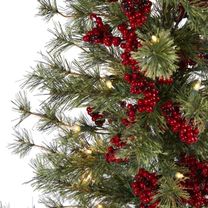 Nearly Natural 4 Foot Pine In Burlap Wrapped Base With Berry And 100 Warm White Lights Pre-Lit Christmas Tree