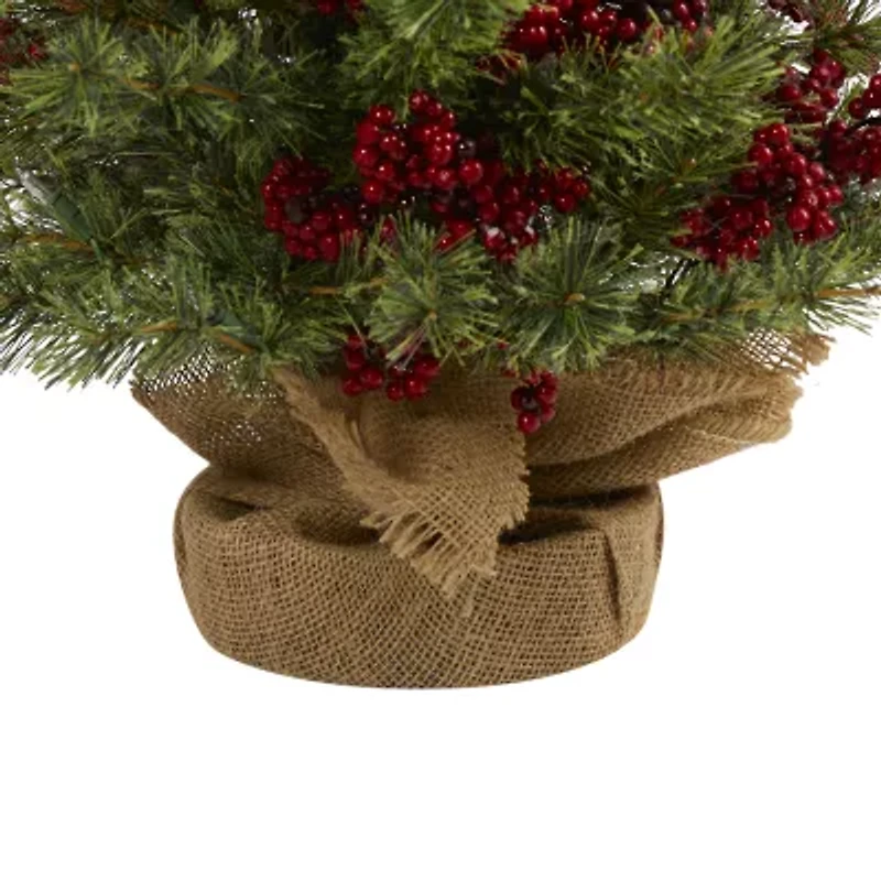 Nearly Natural 4 Foot Pine In Burlap Wrapped Base With Berry And 100 Warm White Lights Pre-Lit Christmas Tree