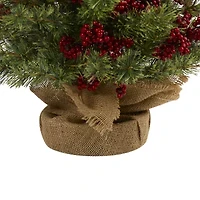 Nearly Natural 4 Foot Pine In Burlap Wrapped Base With Berry And 100 Warm White Lights Pre-Lit Christmas Tree