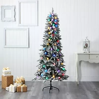 Nearly Natural 5 Foot Mountain Flocked Fir With 379 Bendable Branches And 50 Multi Color Globe Bulbs Pre-Lit Christmas Tree