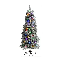 Nearly Natural 5 Foot Mountain Flocked Fir With 379 Bendable Branches And 50 Multi Color Globe Bulbs Pre-Lit Christmas Tree