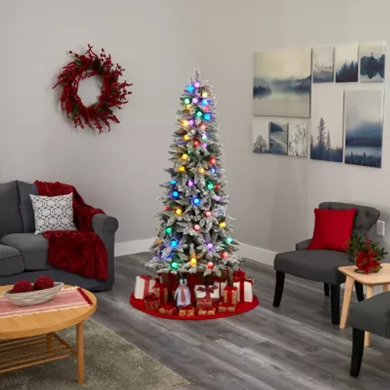 Nearly Natural 5 Foot Mountain Flocked Fir With 379 Bendable Branches And 50 Multi Color Globe Bulbs Pre-Lit Christmas Tree