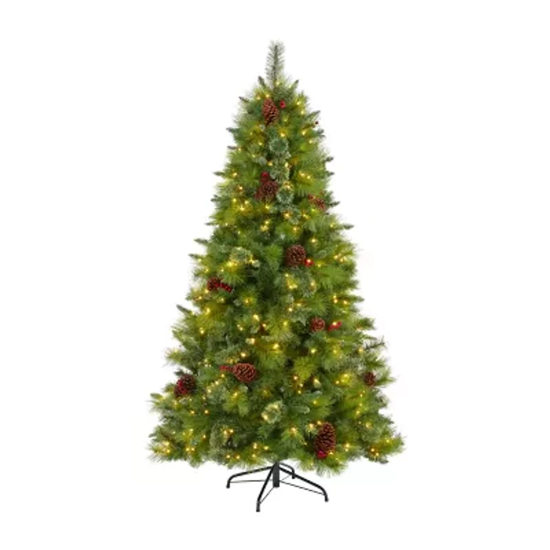 Nearly Natural 6 Foot Mixed Pine With Pine Cones And Berries And 350 Clear Led Lights Pre-Lit Christmas Tree