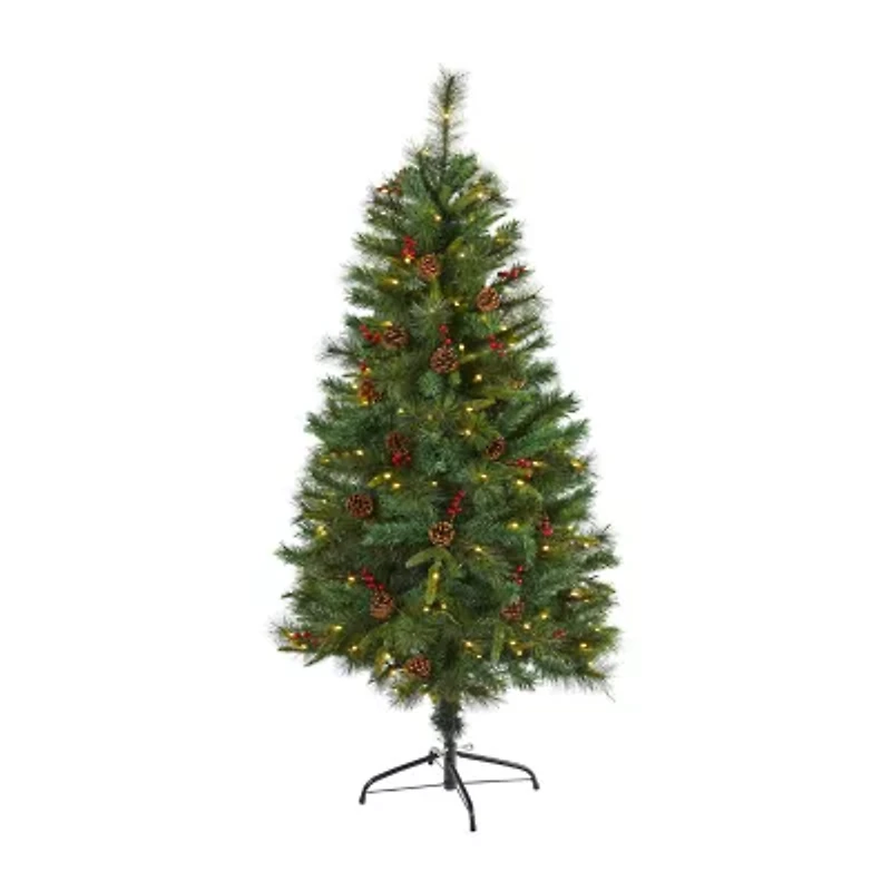 Nearly Natural 5 Foot Pine With Pine Cones And Berries And 150 Clear Led Lights Pre-Lit Christmas Tree