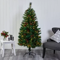 Nearly Natural 5 Foot Pine With Pine Cones And Berries And 150 Clear Led Lights Pre-Lit Christmas Tree