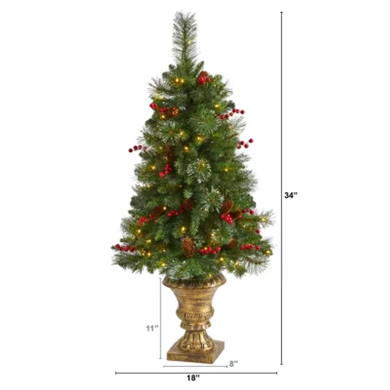 Nearly Natural 4 Foot Pine In Decorative Urn With Pinecone And Berries And 100 Clear Led Lights Pre-Lit Christmas Tree