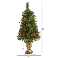 Nearly Natural 4 Foot Pine In Decorative Urn With Pinecone And Berries And 100 Clear Led Lights Pre-Lit Christmas Tree