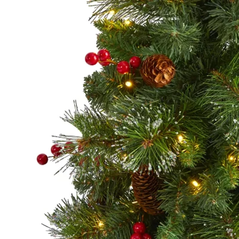 Nearly Natural 4 Foot Pine In Decorative Urn With Pinecone And Berries And 100 Clear Led Lights Pre-Lit Christmas Tree
