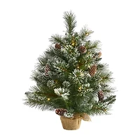 Nearly Natural 2 Foot Frosted Pine With Pinecones And Burlap Base Pre-Lit Christmas Tree