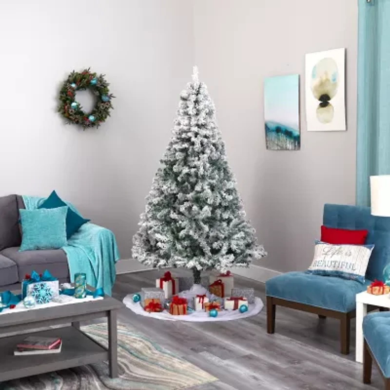 Nearly Natural 7 Foot Rock Springs Flocked Spruce With 800 Bendable Branches Christmas Tree