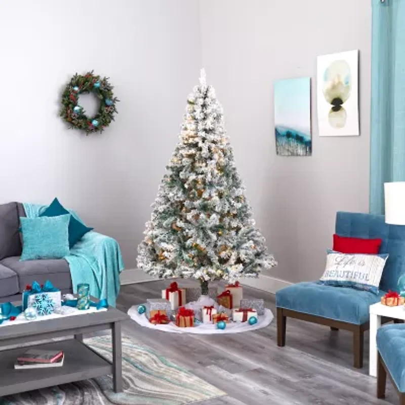 Nearly Natural Foot Rock Springs Flocked Spruce With Bendable Branches And Clear Led Lights Pre-Lit Christmas Tree