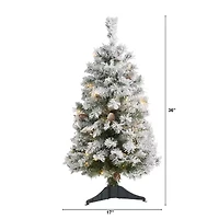 Nearly Natural 3 Foot Flocked White River Mountain Pine With Pinecones Pre-Lit Christmas Tree
