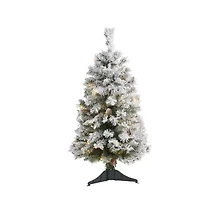 Nearly Natural 3 Foot Flocked White River Mountain Pine With Pinecones Pre-Lit Christmas Tree