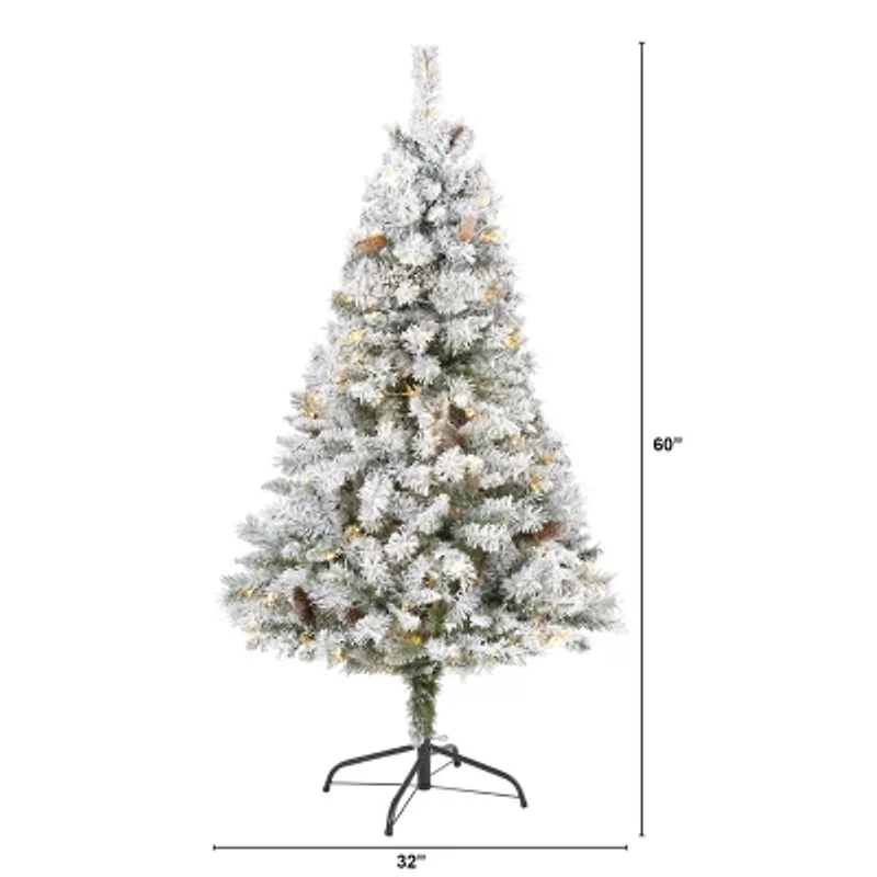 Nearly Natural 5 Foot White River Mountain Flocked Pine With Pinecones And 150 Clear Led Lights Pre-Lit Christmas Tree
