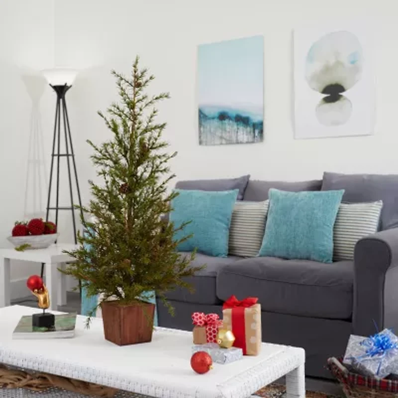 Nearly Natural Natural Look Christmas In Wood Planter With Pine Cones 3 Foot Pine Christmas Tree