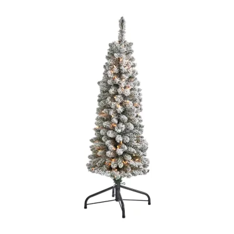 Nearly Natural 4 Foot Flocked Pencil Pine With 216 Bendable Branches And 100 Clear Lights Pre-Lit Christmas Tree