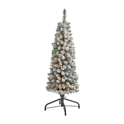 Nearly Natural 4 Foot Flocked Pencil Pine With 216 Bendable Branches And 100 Clear Lights Pre-Lit Christmas Tree