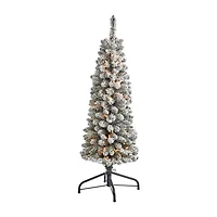 Nearly Natural 4 Foot Flocked Pencil Pine With 216 Bendable Branches And 100 Clear Lights Pre-Lit Christmas Tree