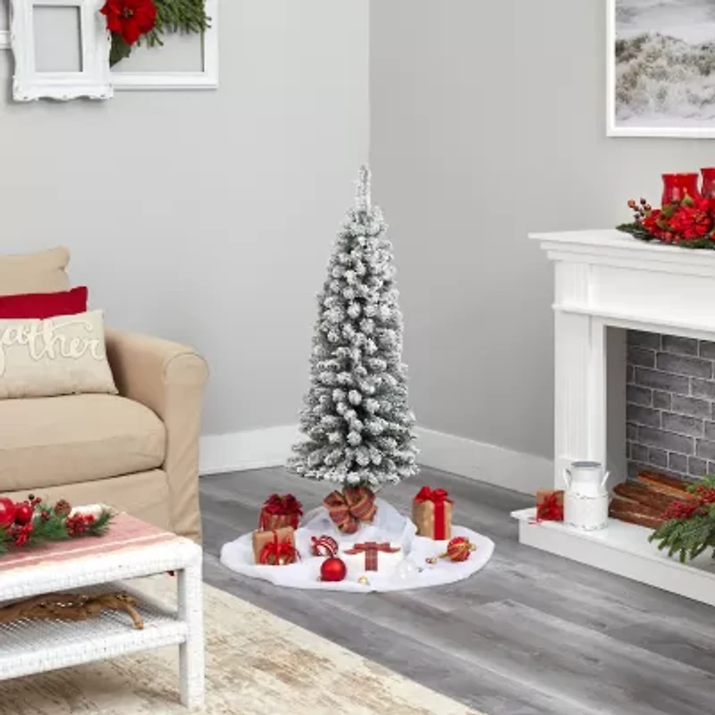 Nearly Natural 4 Foot Flocked Pencil Pine With 216 Bendable Branches And 100 Clear Lights Pre-Lit Christmas Tree