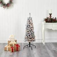 Nearly Natural Foot Flocked Pencil Pine With Bendable Branches And Clear Lights Pre-Lit Christmas Tree