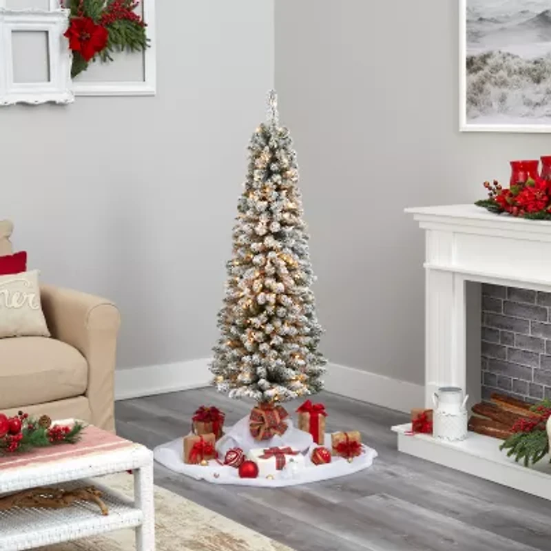 Nearly Natural 5 Foot Pencil Flocked Pine With 318 Bendable Branches And 200 Clear Lights Pre-Lit Christmas Tree