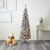 Nearly Natural 6 Foot Pencil Flocked Pine With 438 Bendable Branches And 300 Clear Lights Pre-Lit Christmas Tree