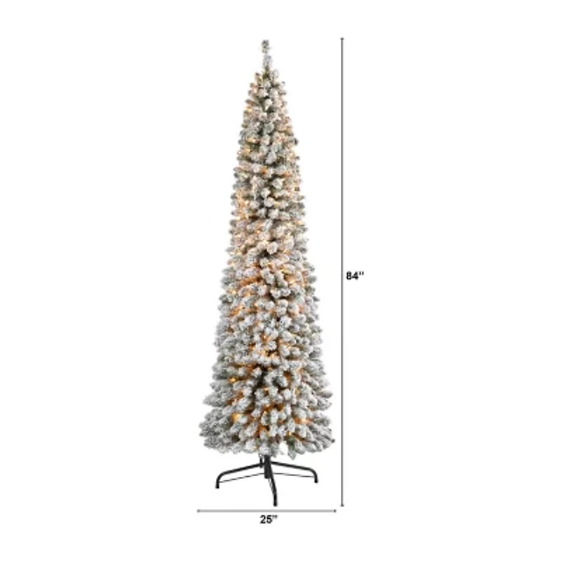 Nearly Natural 7 Foot Flocked Pencil Pine With 574 Bendable Branches And 400 Clear Lights Pre-Lit Christmas Tree