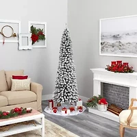 Nearly Natural 7 Foot Flocked Pencil Pine With 574 Bendable Branches And 400 Clear Lights Pre-Lit Christmas Tree