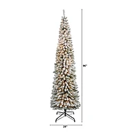 Nearly Natural 8 Foot Flocked Pencil Pine With 646 Bendable Branches And 500 Clear Lights Pre-Lit Christmas Tree