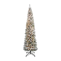 Nearly Natural 8 Foot Flocked Pencil Pine With 646 Bendable Branches And 500 Clear Lights Pre-Lit Christmas Tree