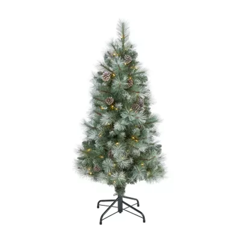 Nearly Natural 4 Foot Frosted Pine With Pine Cones And 228 Bendable Branches And 100 Clear Lights Pre-Lit Christmas Tree