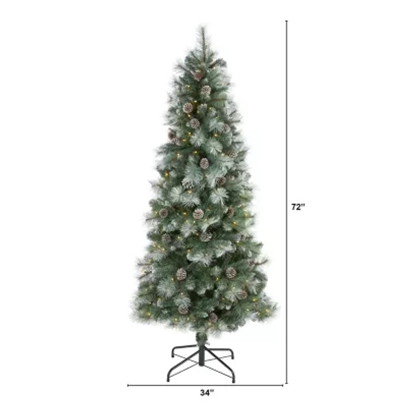 Nearly Natural 6 Foot Frosted Pine With Pine Cones And 588 Bendable Branches And 250 Clear Lights Pre-Lit Christmas Tree