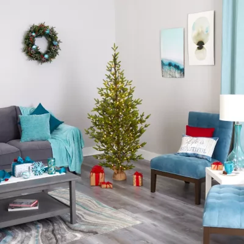 Nearly Natural 6 Foot Fir In Burlap Base With 1243 Bendable Branches And 250 Clear Led Lights Pre-Lit Christmas Tree
