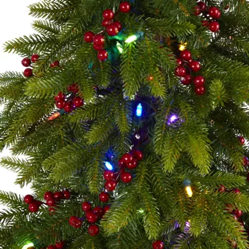 Nearly Natural 6 Foot Fir With Berries And 415 Bendable Branches And 250 Multi-Color (Multifunction) Led Lights Pre-Lit Christmas Tree