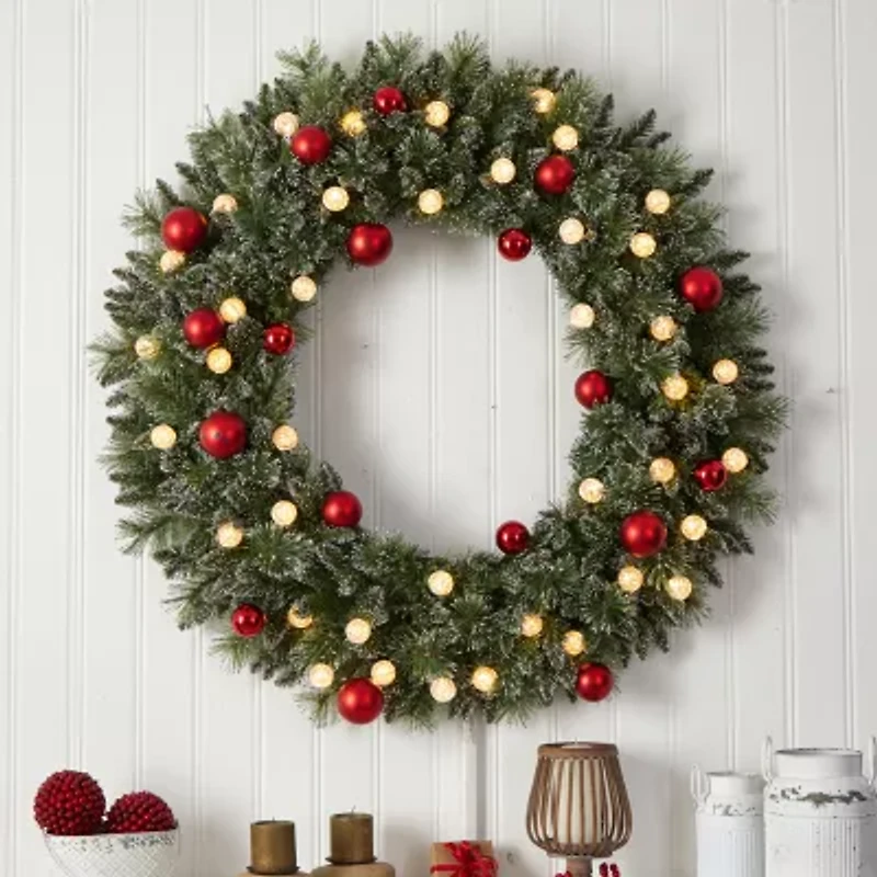 Nearly Natural 4ft. Oversized Pre-Lit Frosted Holiday Christmas With Ornaments And 40 Led Globe Lights Pre-Lit Wreath