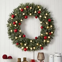Nearly Natural 4ft. Oversized Pre-Lit Frosted Holiday Christmas With Ornaments And 40 Led Globe Lights Pre-Lit Wreath