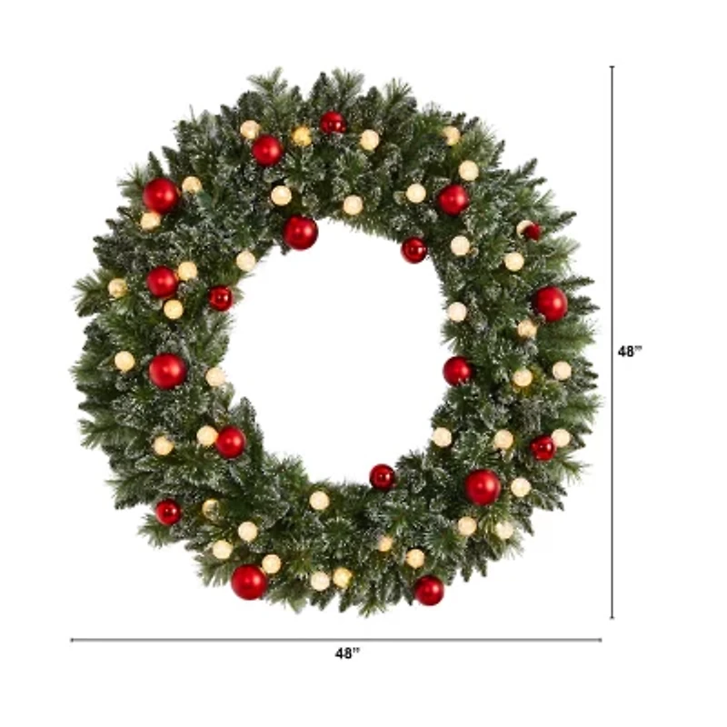 Nearly Natural 4ft. Oversized Pre-Lit Frosted Holiday Christmas With Ornaments And 40 Led Globe Lights Pre-Lit Wreath