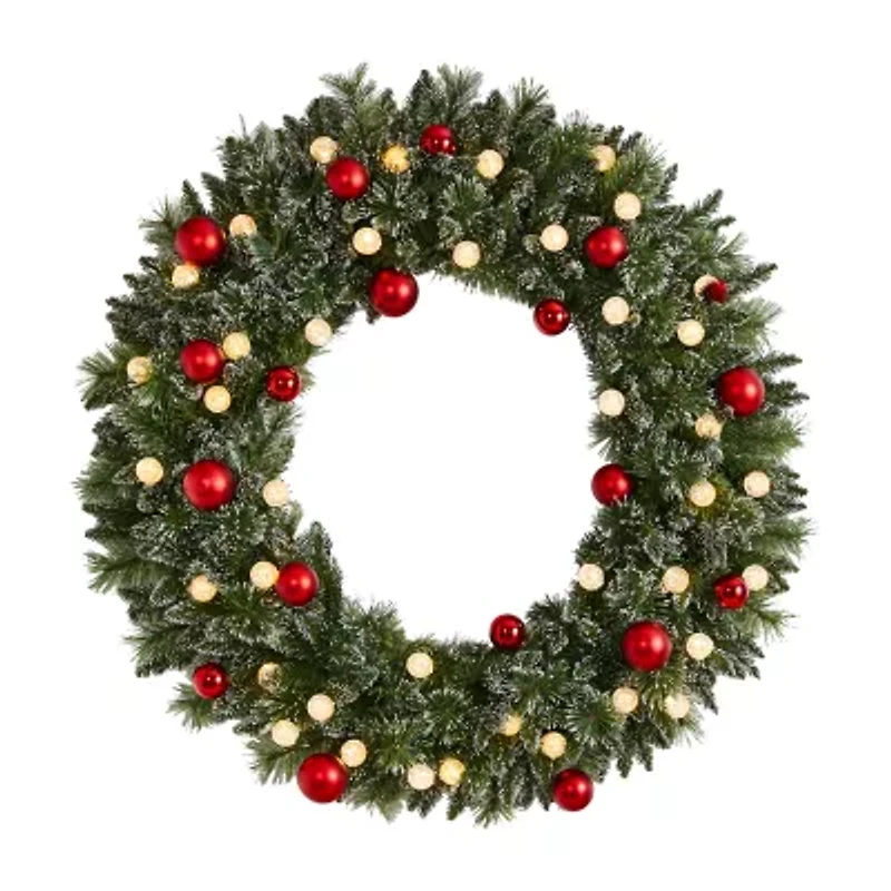 Nearly Natural 4ft. Oversized Pre-Lit Frosted Holiday Christmas With Ornaments And 40 Led Globe Lights Pre-Lit Wreath