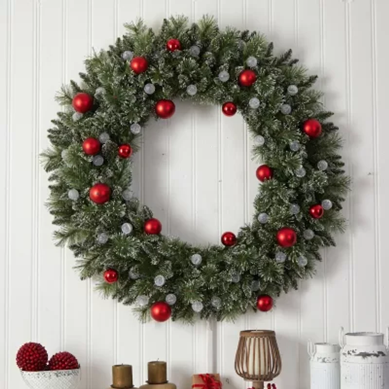Nearly Natural 4ft. Oversized Pre-Lit Frosted Holiday Christmas With Ornaments And 40 Led Globe Lights Pre-Lit Wreath