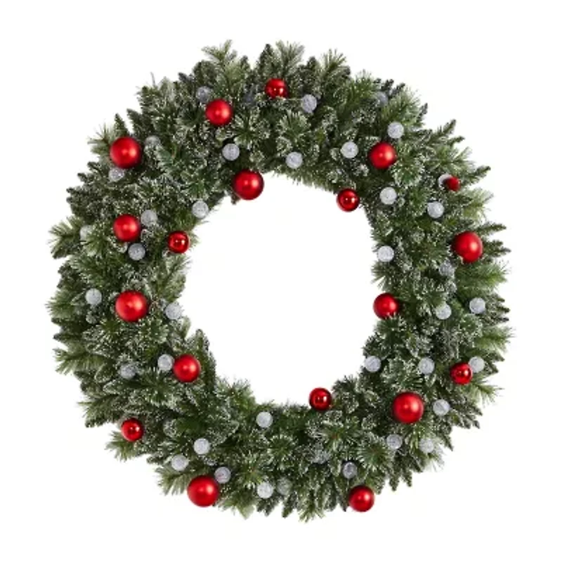 Nearly Natural 4ft. Oversized Pre-Lit Frosted Holiday Christmas With Ornaments And 40 Led Globe Lights Pre-Lit Wreath
