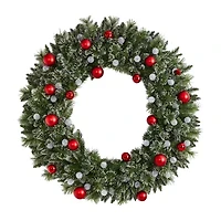 Nearly Natural 4ft. Oversized Pre-Lit Frosted Holiday Christmas With Ornaments And 40 Led Globe Lights Pre-Lit Wreath