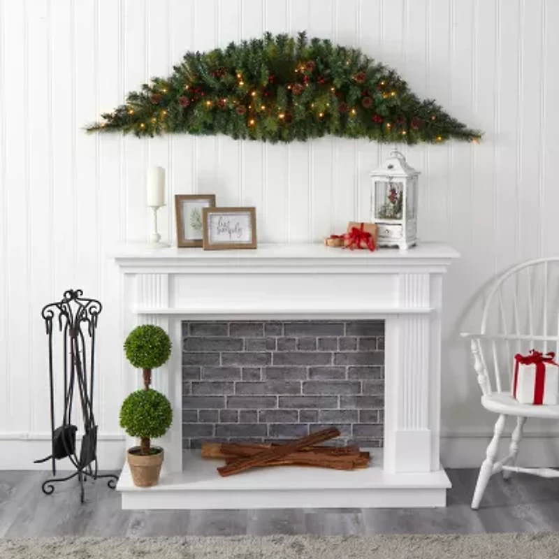 Nearly Natural 6ft. Christmas Swag With 50 Led Lights; Berries And Pine Cones Pre-Lit Swag