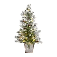 Nearly Natural 2 Foot Frosted Fir With Pinecones In Decorative Planter Pre-Lit Christmas Tree