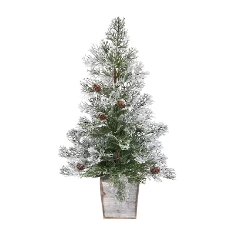 Nearly Natural 2 Foot Frosted Fir With Pinecones In Decorative Planter Pre-Lit Christmas Tree