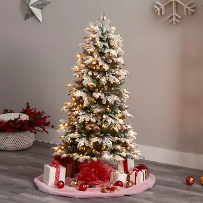 Nearly Natural 5 Foot North Carolina Flocked Fir With 1247 Bendable Branches And 350 Warm White Lights Pre-Lit Christmas Tree