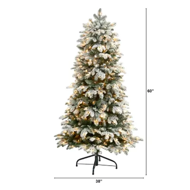 Nearly Natural 5 Foot North Carolina Flocked Fir With 1247 Bendable Branches And 350 Warm White Lights Pre-Lit Christmas Tree