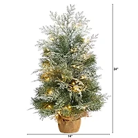 Nearly Natural 2 Foot Winter Frosted Fir In Burlap Base With 35 Led Lights Pre-Lit Christmas Tree