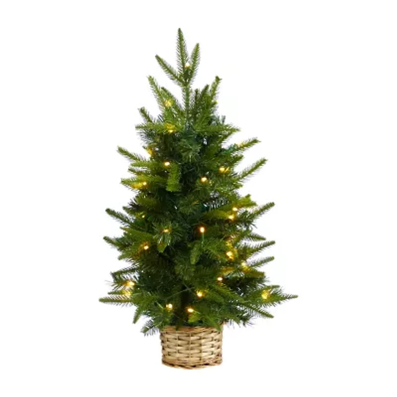 Nearly Natural 2 Foot Pine In Decorative Basket With 35 Clear Led Lights Pre-Lit Christmas Tree