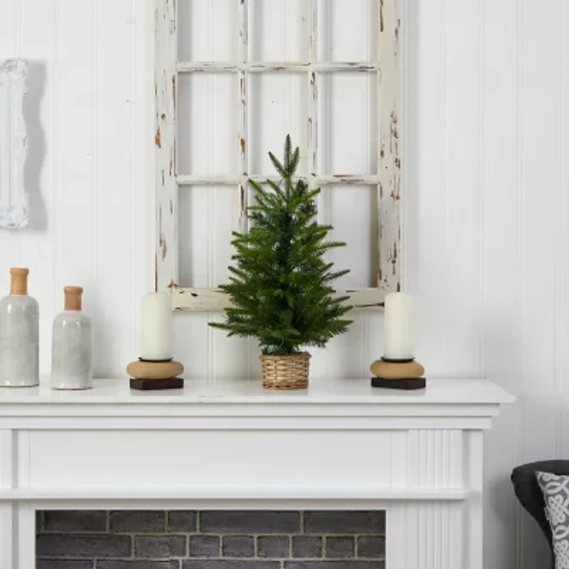 Nearly Natural 2 Foot Pine In Decorative Basket With 35 Clear Led Lights Pre-Lit Christmas Tree