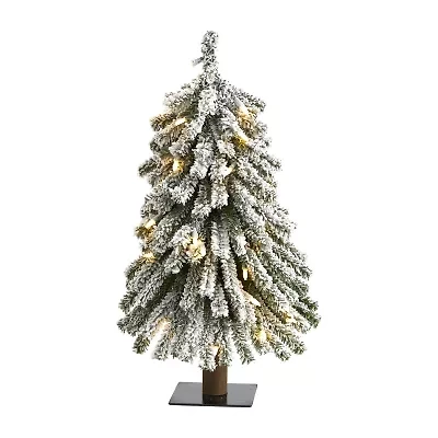 Nearly Natural 2 Foot Grand Flocked Pine On Natural Trunk With 111 Bendable Branches And 35 Clear Lights Pre-Lit Christmas Tree